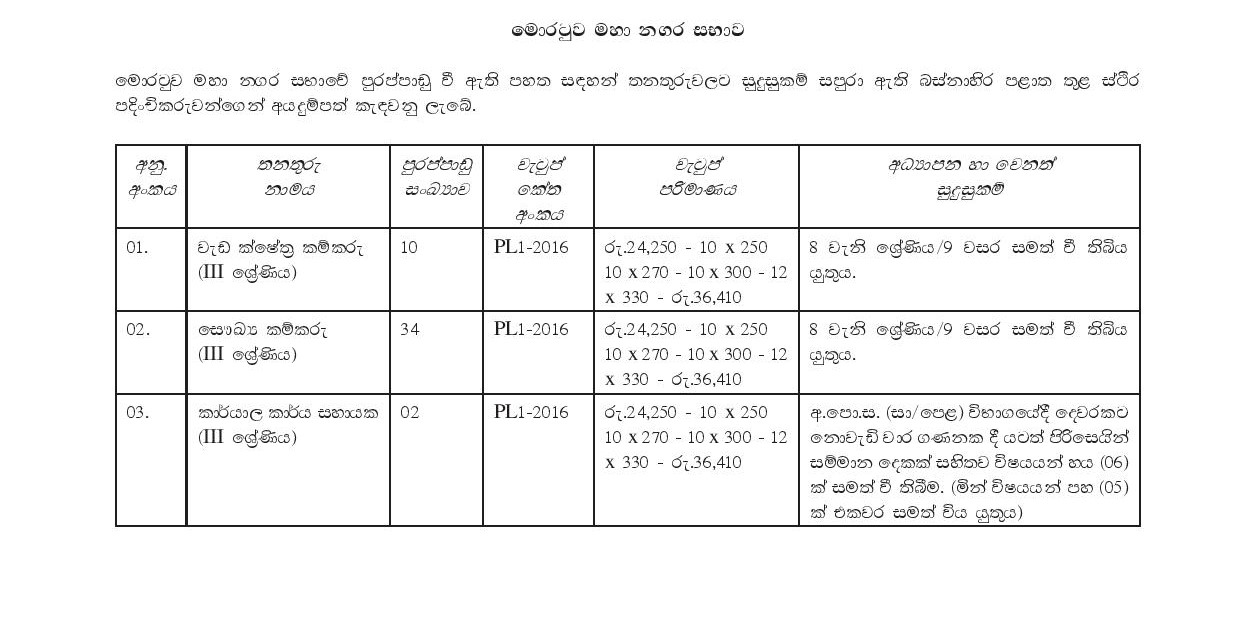 Office Assistant, Library Assistant, Driver, Works/Field Labourer, Health Labourer, Watchman, Cemetery Keeper, Playground Keeper - Moratuwa Municipal Council